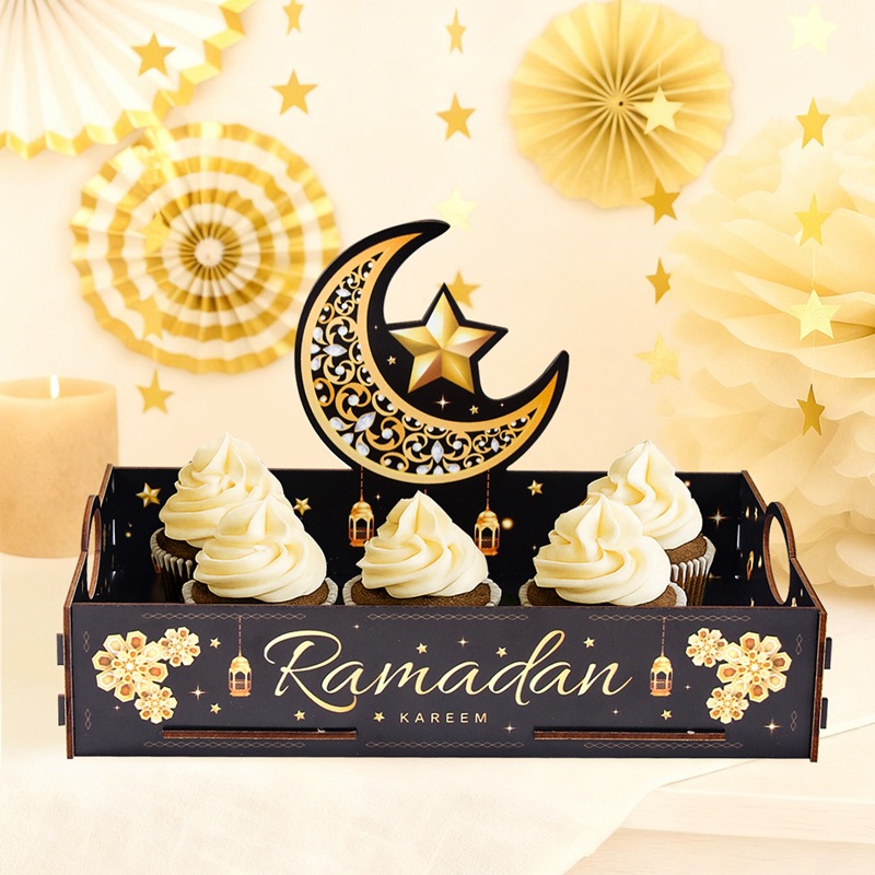 Food Snacks Drinks - 1pcs Star Moon Wooden Tray Ramadan